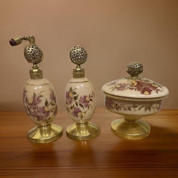 Vintage Satin Glass Vanity Set with Hand Painted Floral Design and Gold Trim - Picture 1 of 8